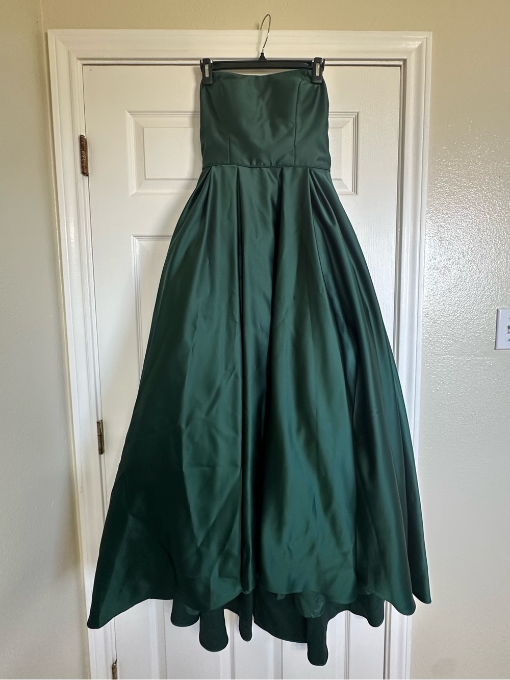 Betsy & Adam Emerald Green Strapless high low ball gown with pockets